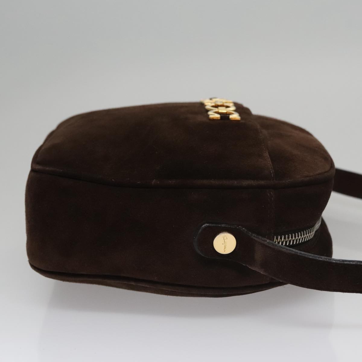 Salvatore Ferragamo Gancini Shoulder Bag Suede Brown Gold Auth 110015