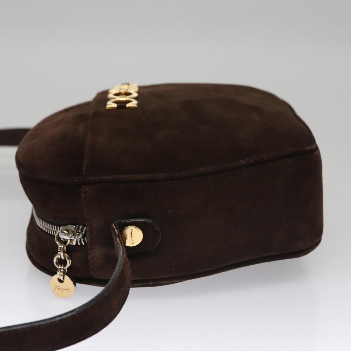 Salvatore Ferragamo Gancini Shoulder Bag Suede Brown Gold Auth 110015