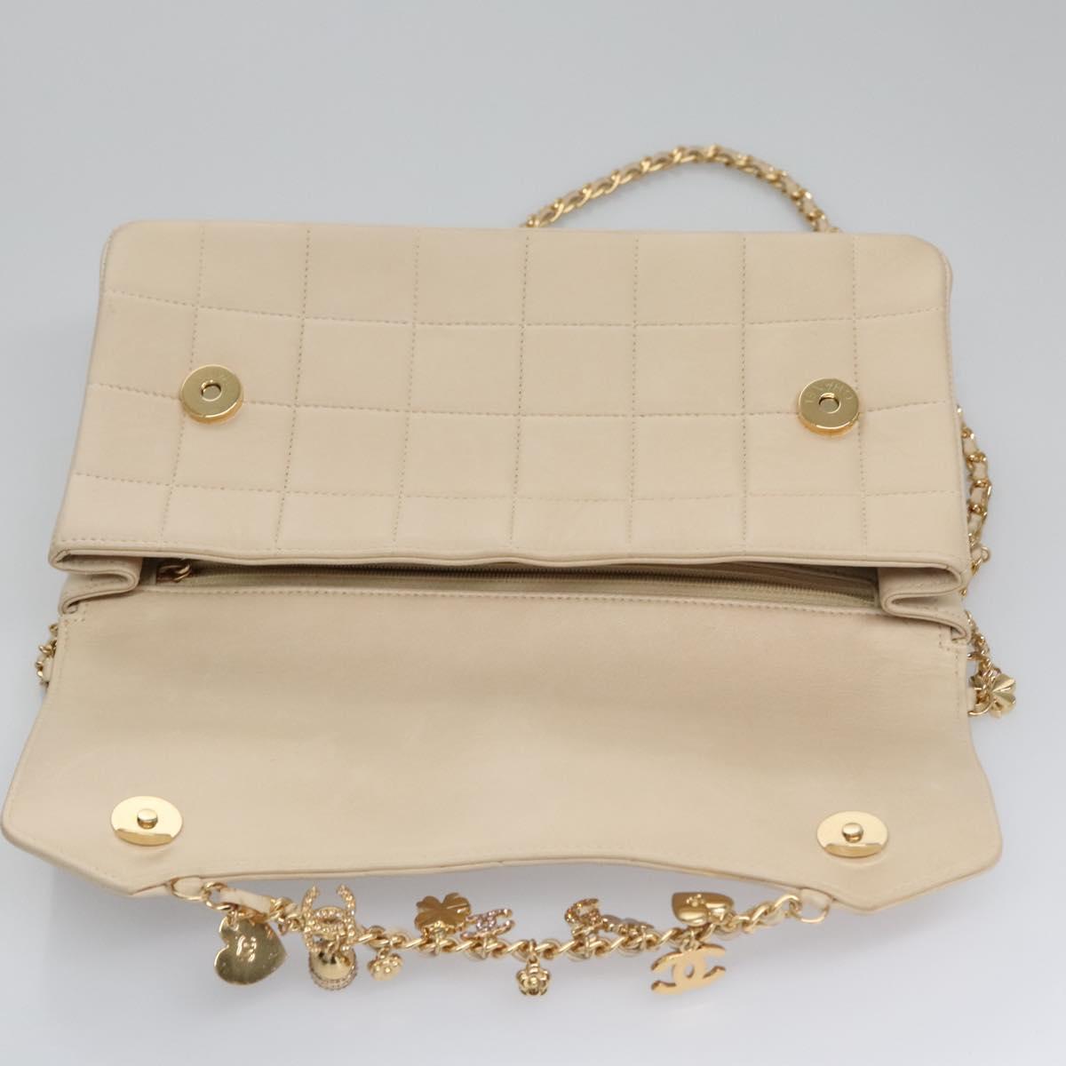 CHANEL Choco Bar Chain Shoulder Bag Lamb Skin Ivory CC Auth 110166SAM