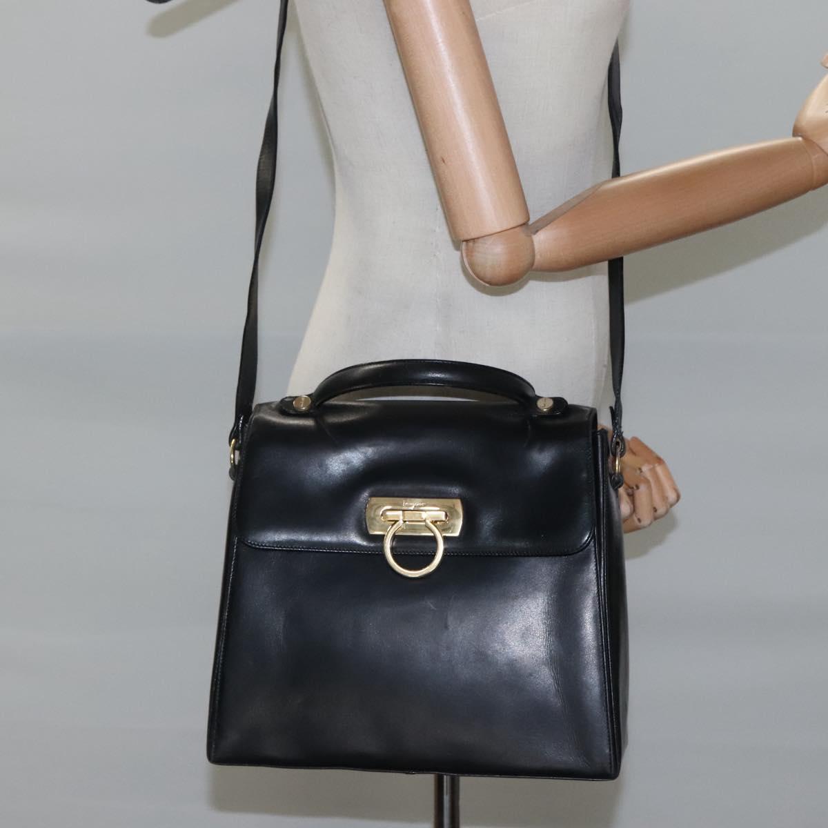 Salvatore Ferragamo Gancini Hand Bag Leather 2way Black Gold Auth 110218