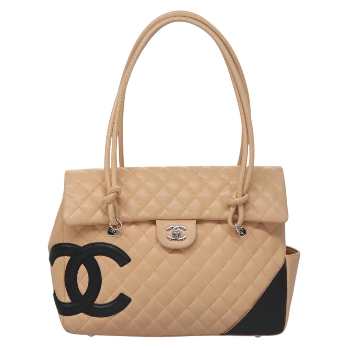 CHANEL Matelasse Cambon Line Shoulder Bag Leather Beige Silver CC Auth 110229A