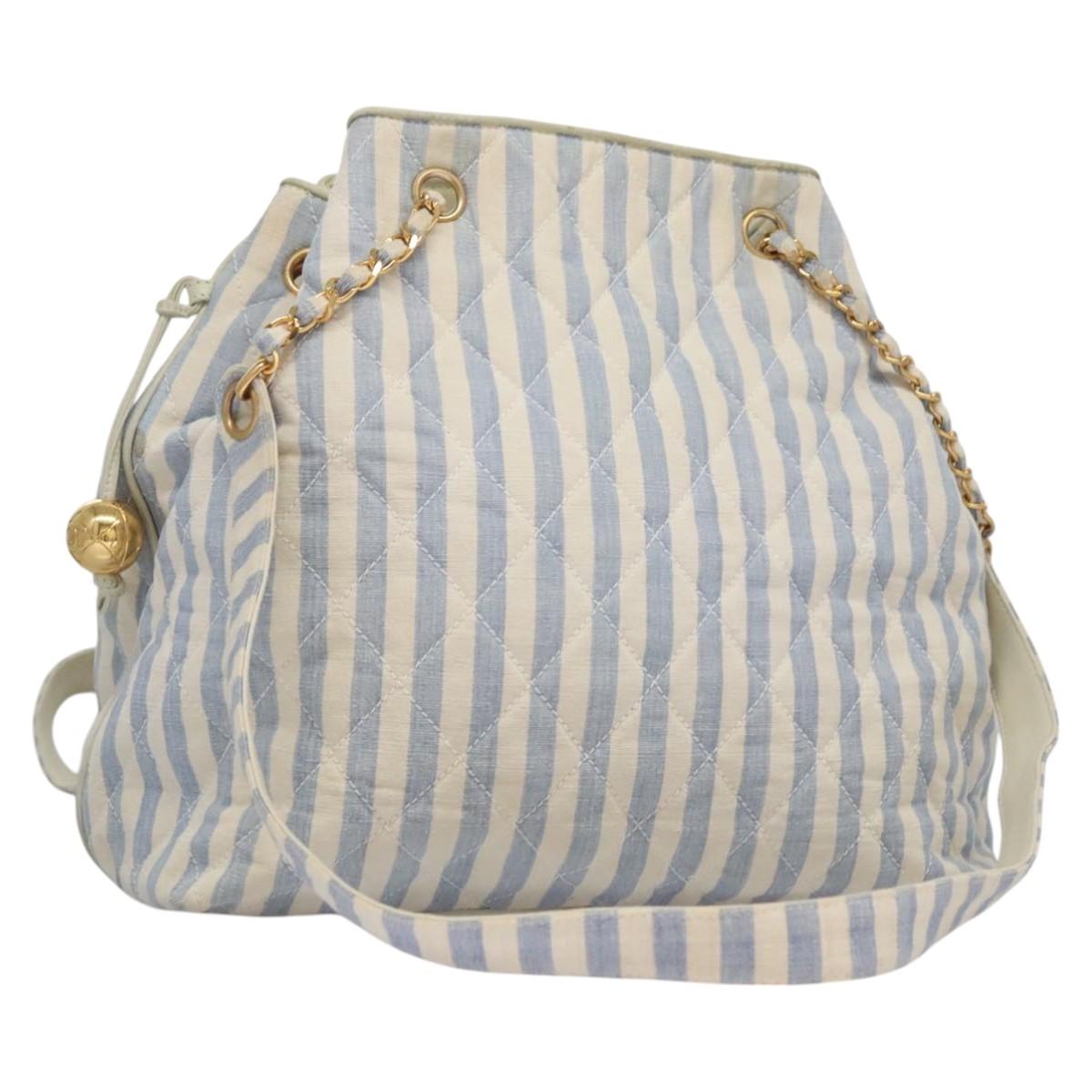 CHANEL Matelasse Chain Shoulder Bag Canvas White Light Blue CC Auth 110253