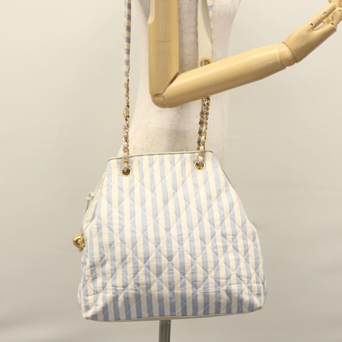 CHANEL Matelasse Chain Shoulder Bag Canvas White Light Blue CC Auth 110253
