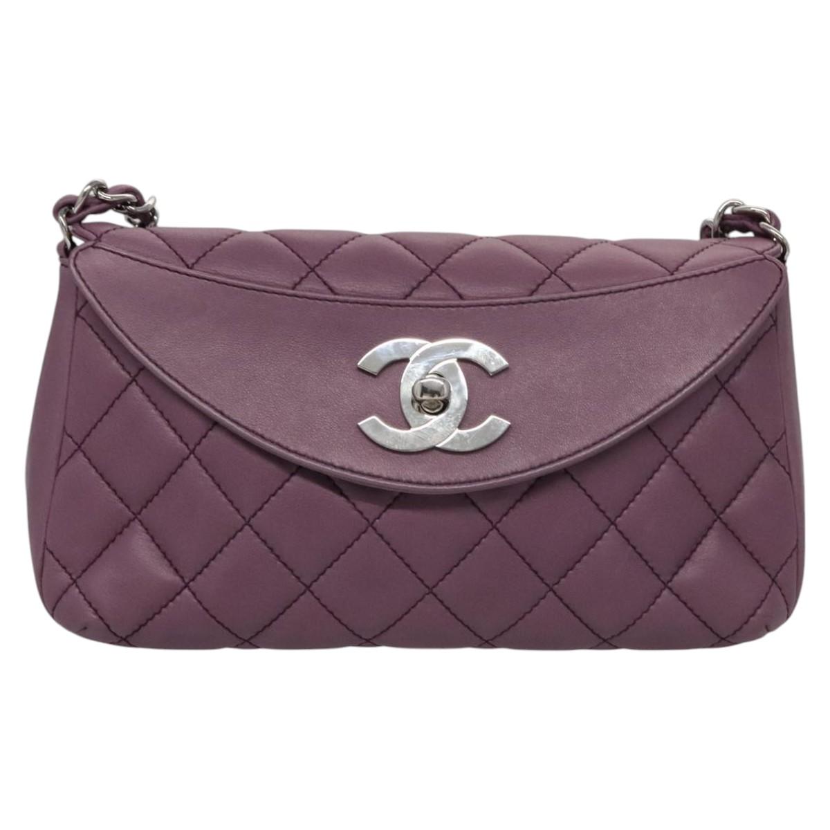 CHANEL Matelasse Chain Shoulder Bag Lamb Skin Purple CC Auth 110303AV