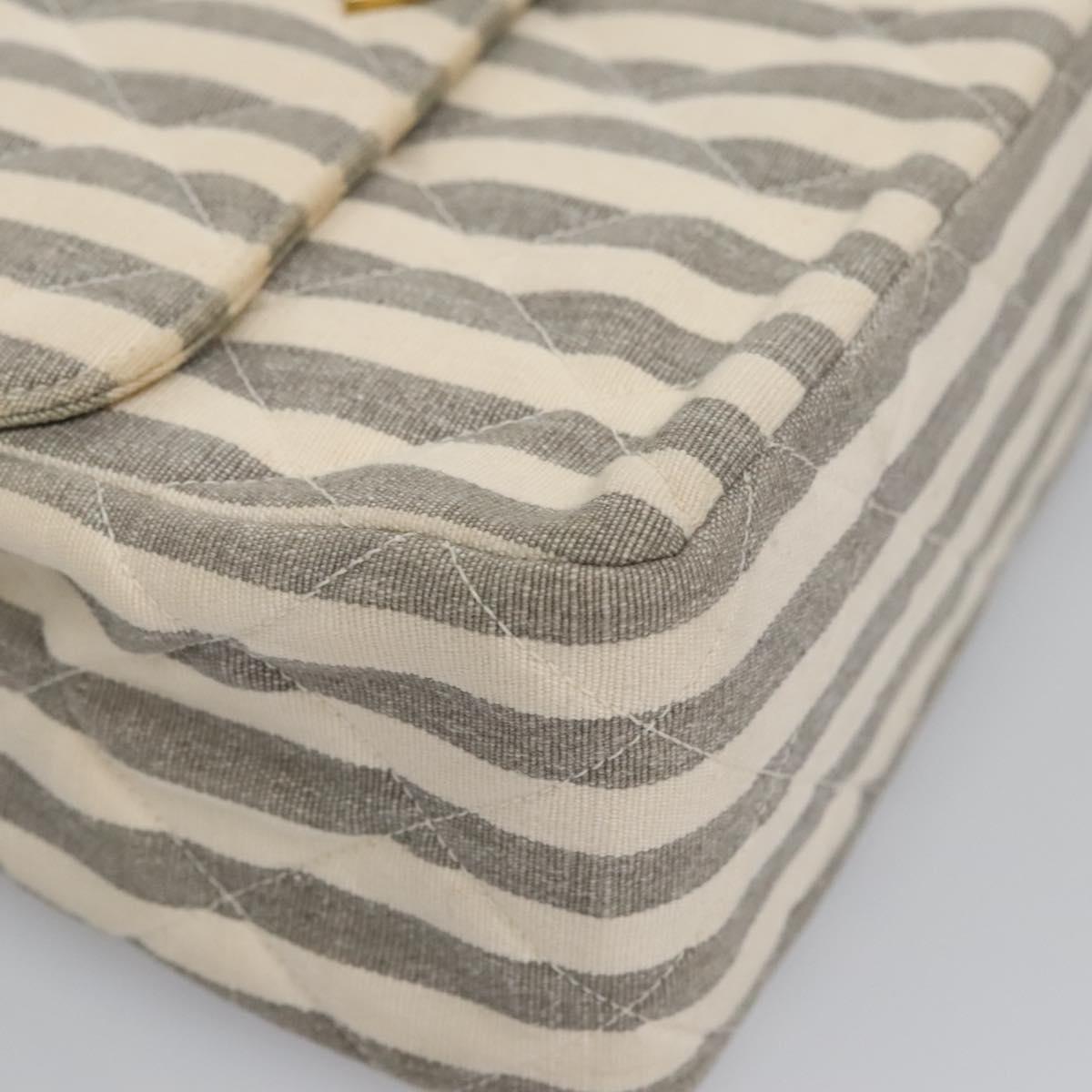 CHANEL Striped Matelasse Chain Shoulder Bag Canvas White Gray CC Auth 110304AV