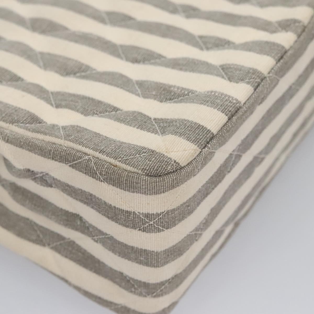 CHANEL Striped Matelasse Chain Shoulder Bag Canvas White Gray CC Auth 110304AV