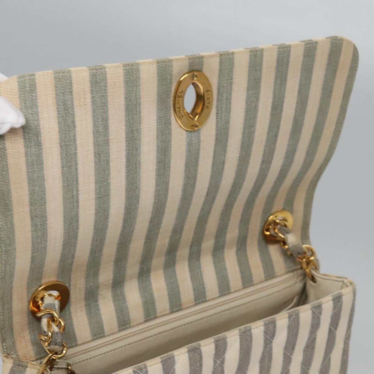 CHANEL Striped Matelasse Chain Shoulder Bag Canvas White Gray CC Auth 110304SAV