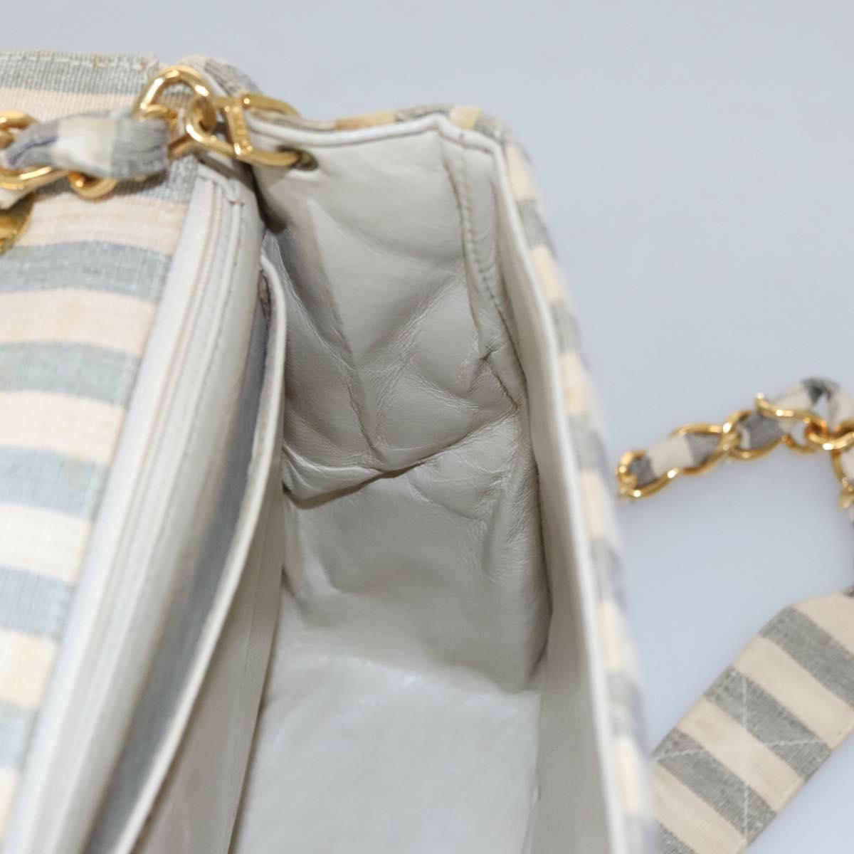 CHANEL Striped Matelasse Chain Shoulder Bag Canvas White Gray CC Auth 110304SAV