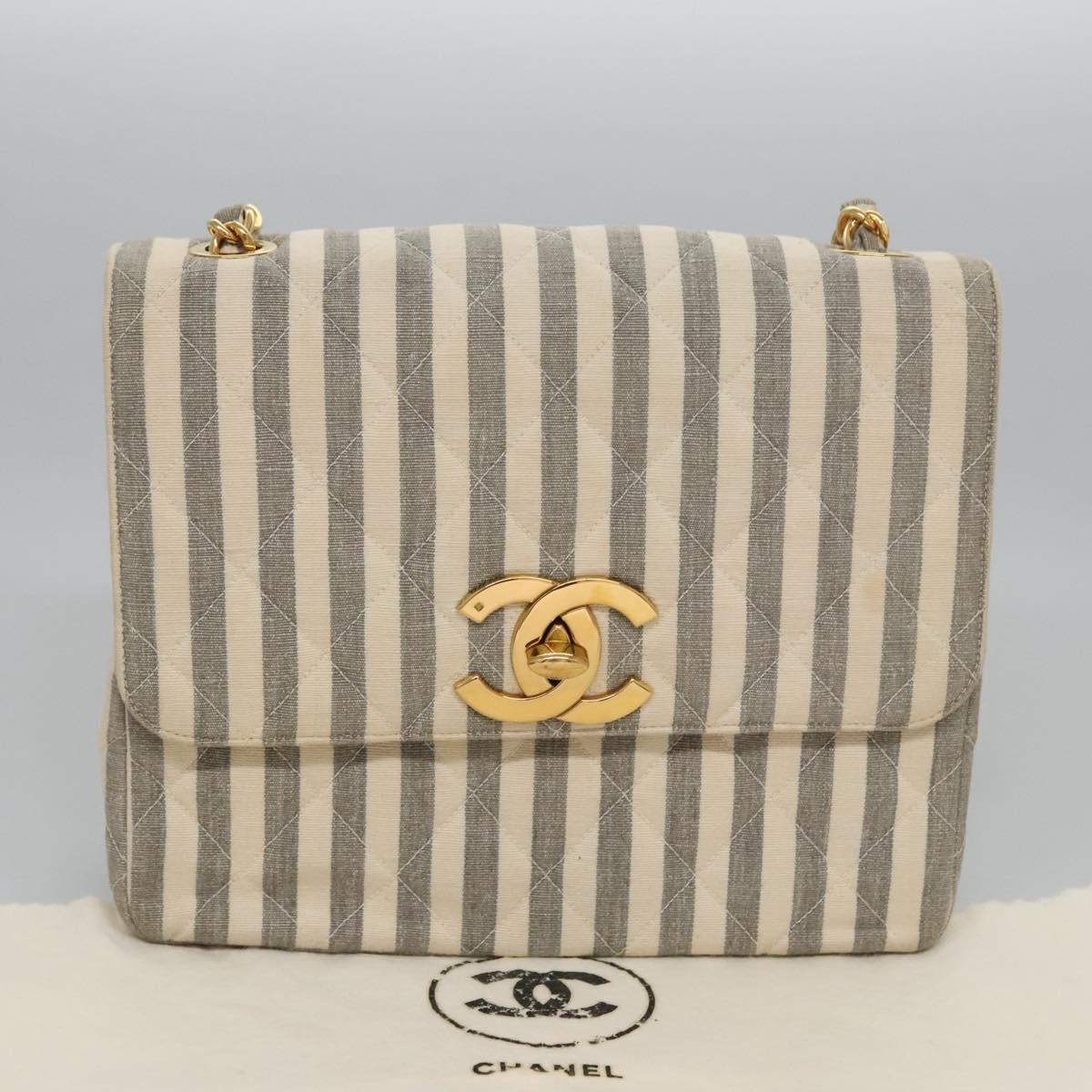 CHANEL Striped Matelasse Chain Shoulder Bag Canvas White Gray CC Auth 110304AV