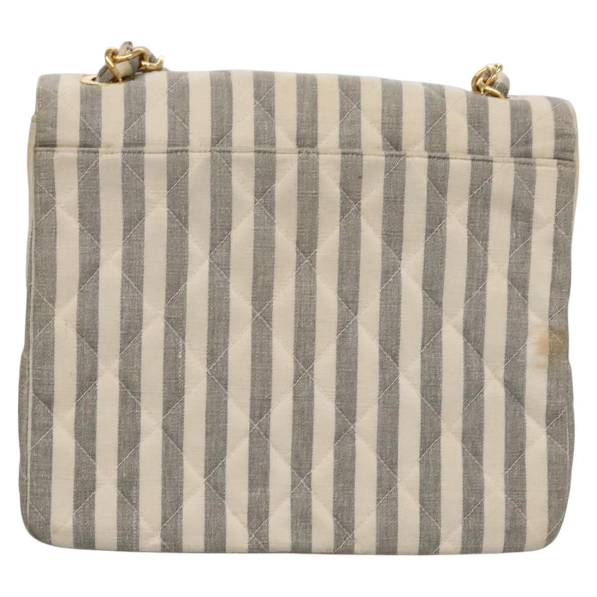 CHANEL Striped Matelasse Chain Shoulder Bag Canvas White Gray CC Auth 110304AV