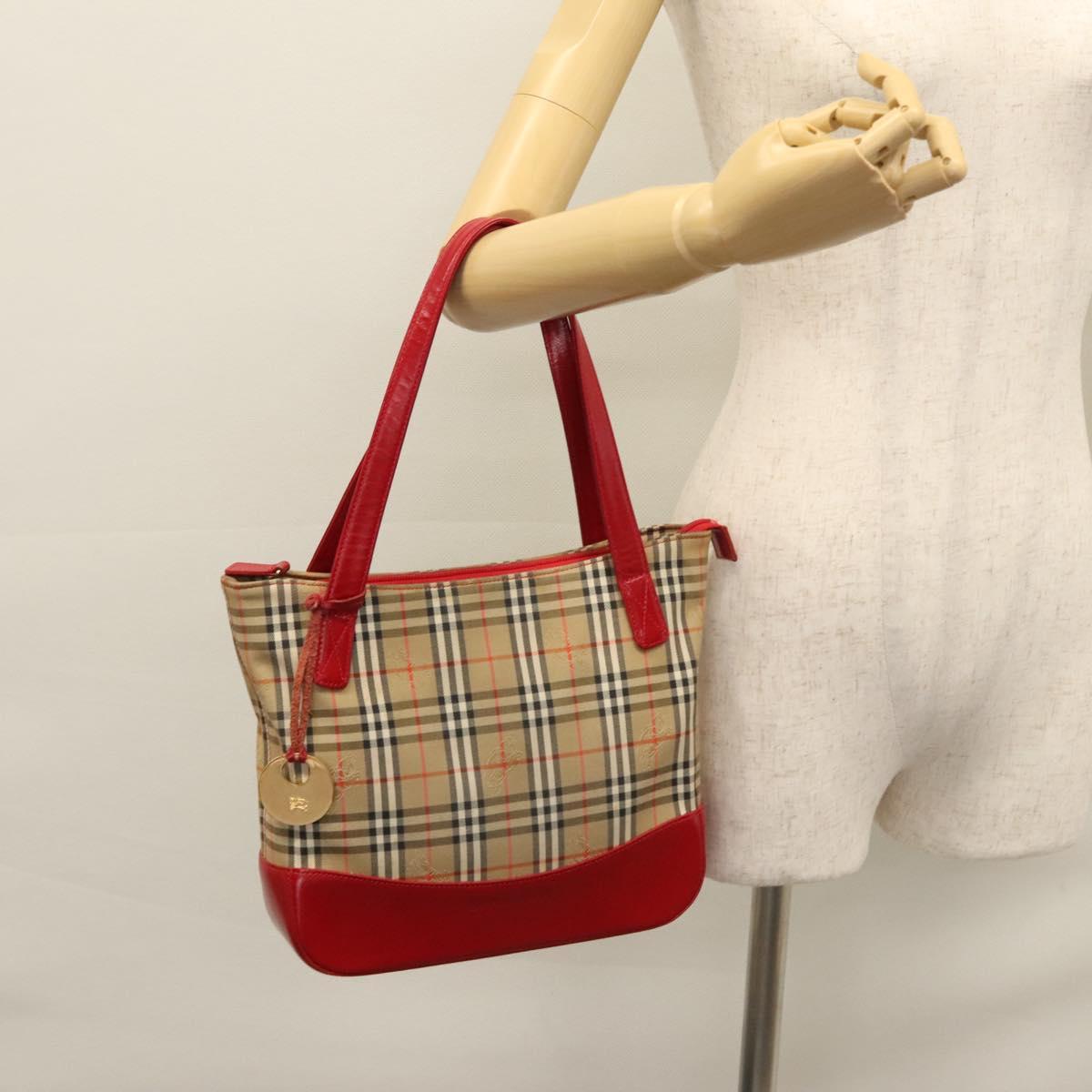 BURBERRY Nova Check Hand Bag Canvas Beige Red Auth 110306
