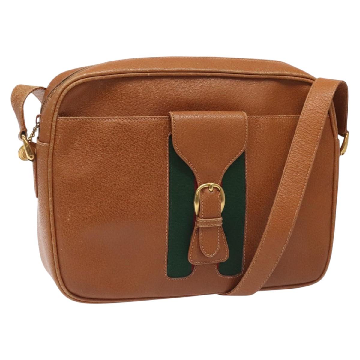 GUCCI Web Sherry Line Shoulder Bag Leather Brown Gold Auth 110342