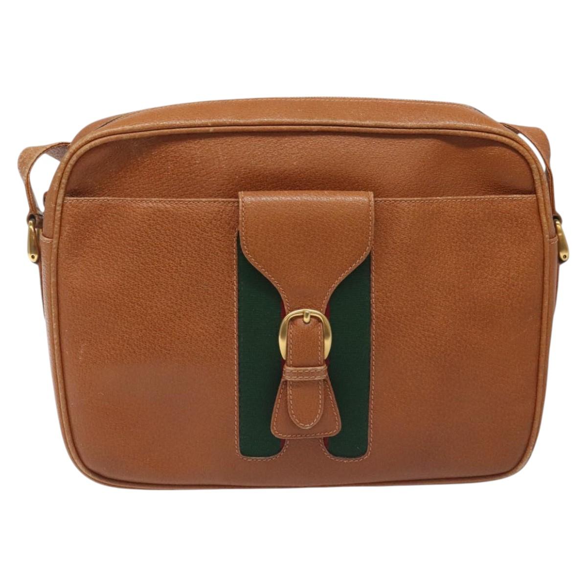 GUCCI Web Sherry Line Shoulder Bag Leather Brown Gold Auth 110342