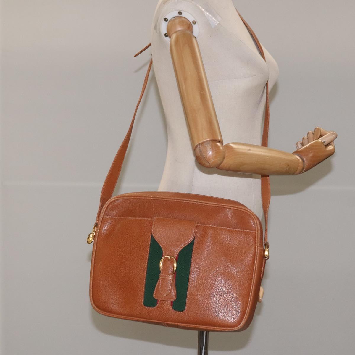 GUCCI Web Sherry Line Shoulder Bag Leather Brown Gold Auth 110342