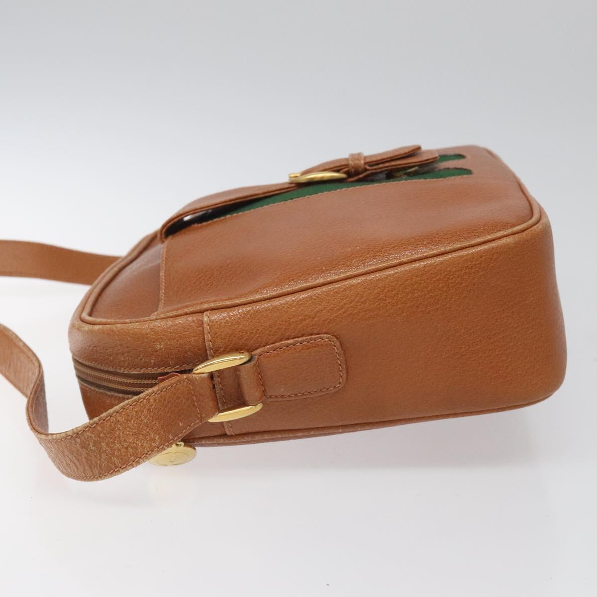 GUCCI Web Sherry Line Shoulder Bag Leather Brown Gold Auth 110342