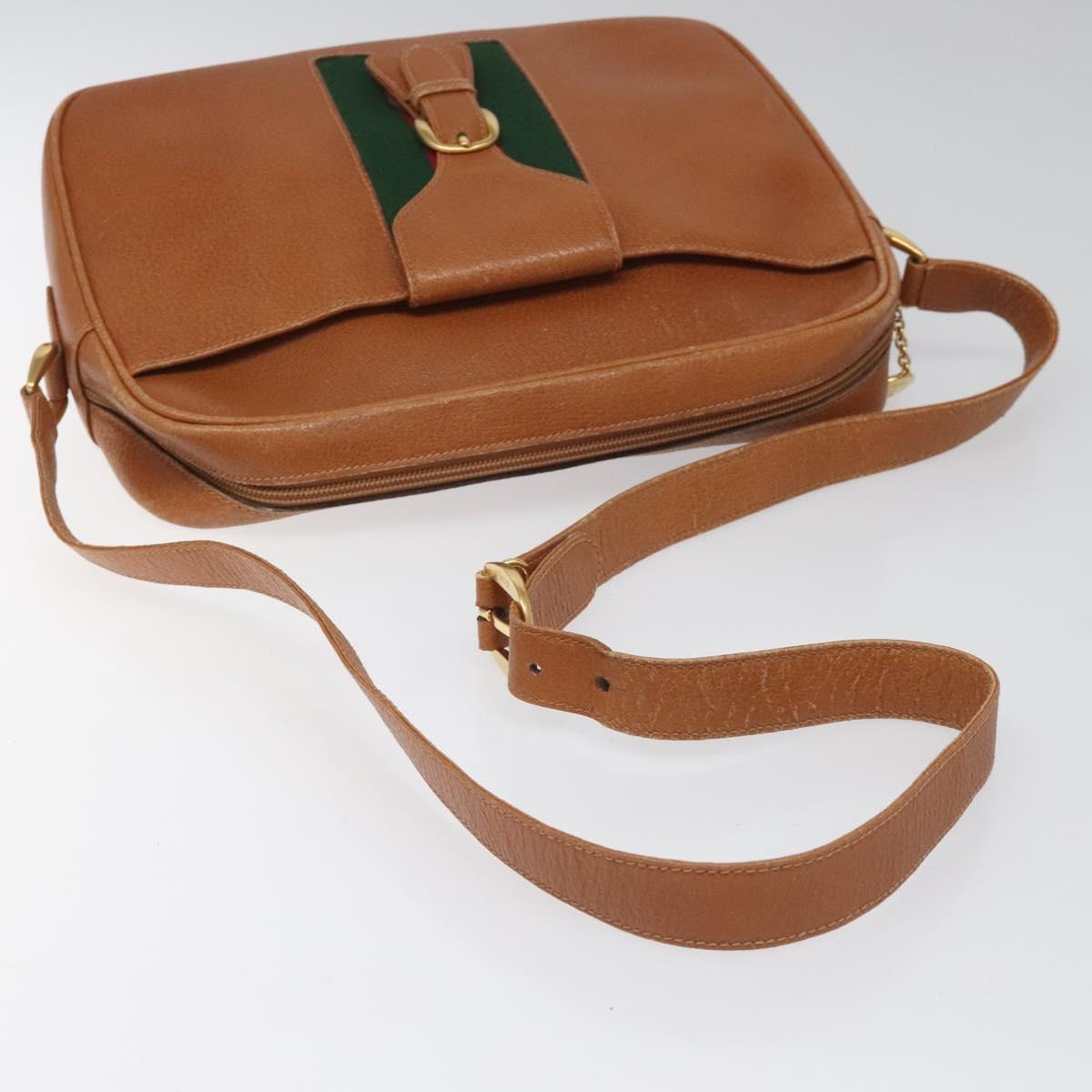 GUCCI Web Sherry Line Shoulder Bag Leather Brown Gold Auth 110342