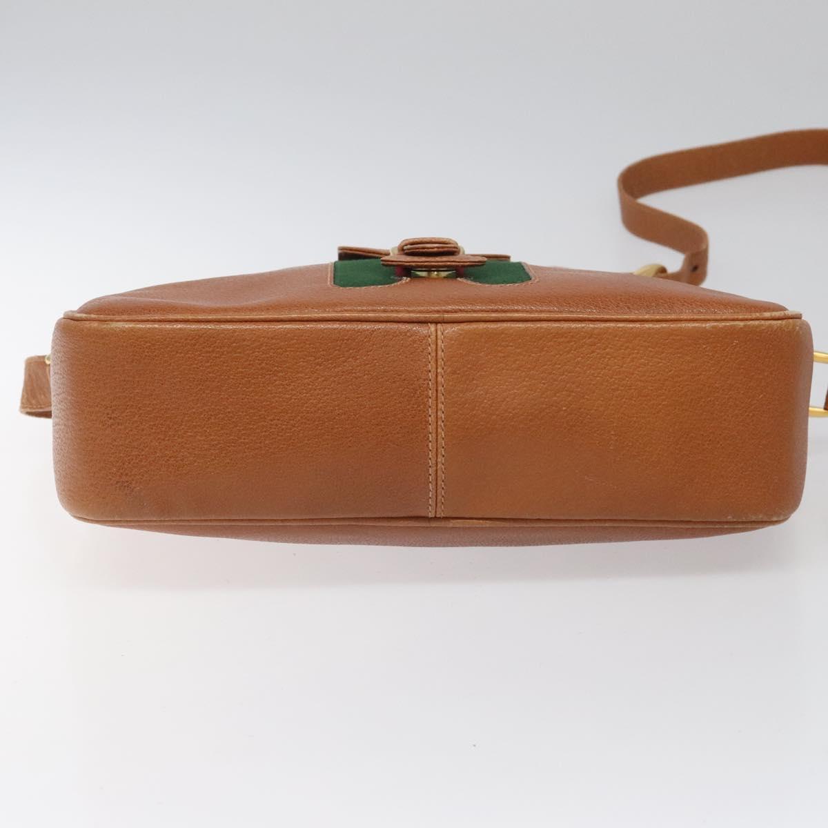GUCCI Web Sherry Line Shoulder Bag Leather Brown Gold Auth 110342