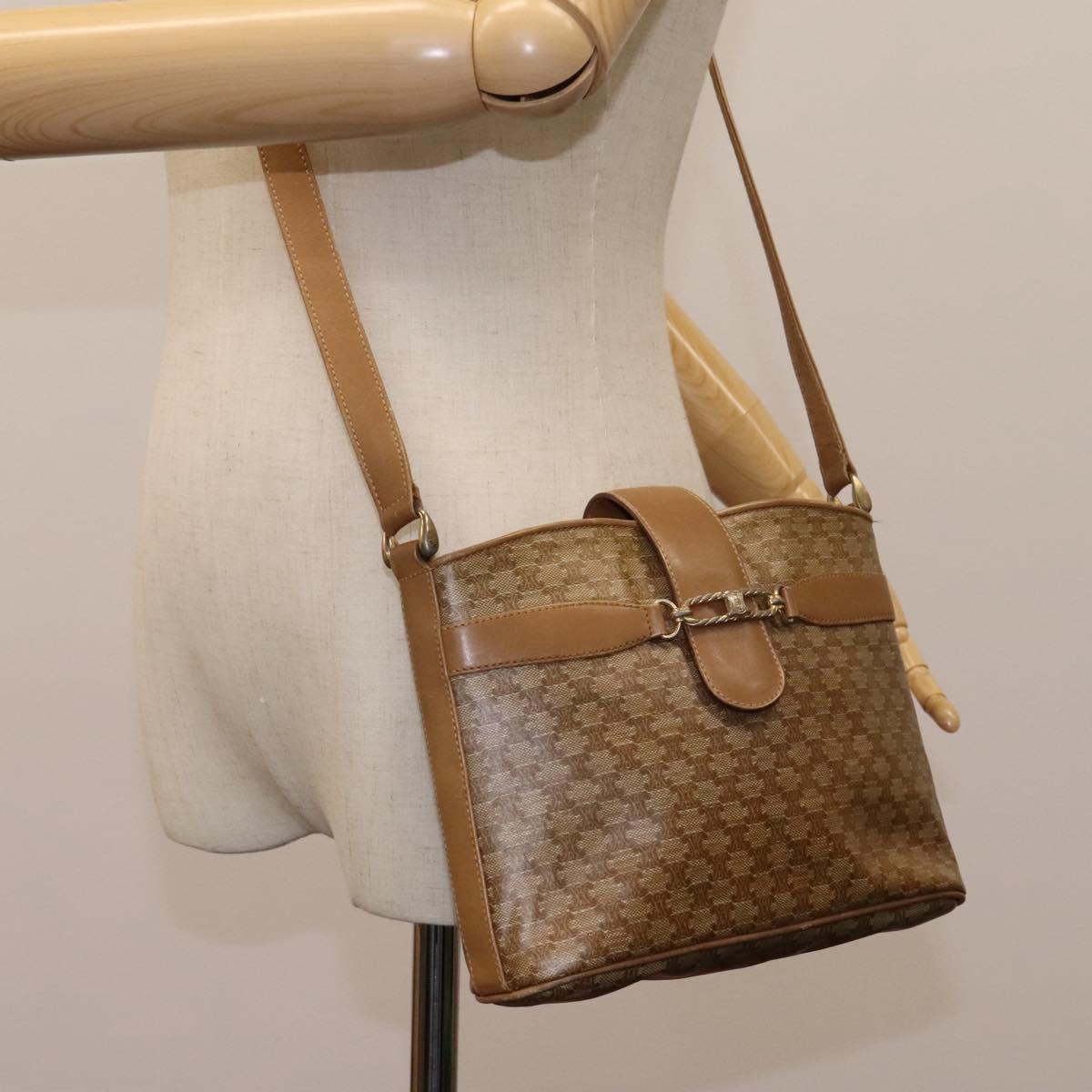 CELINE Macadam Canvas Shoulder Bag PVC Leather Beige Auth 110402