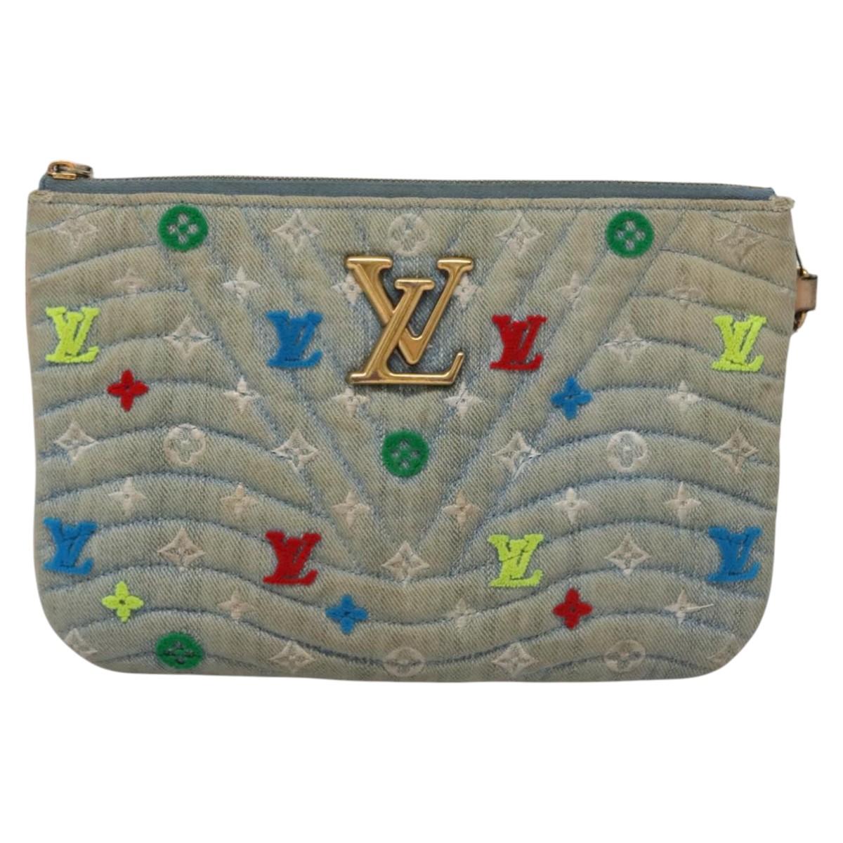 LOUIS VUITTON Monogram Denim New Wave Pochette Zip Bag Blue M67538 Auth 110431