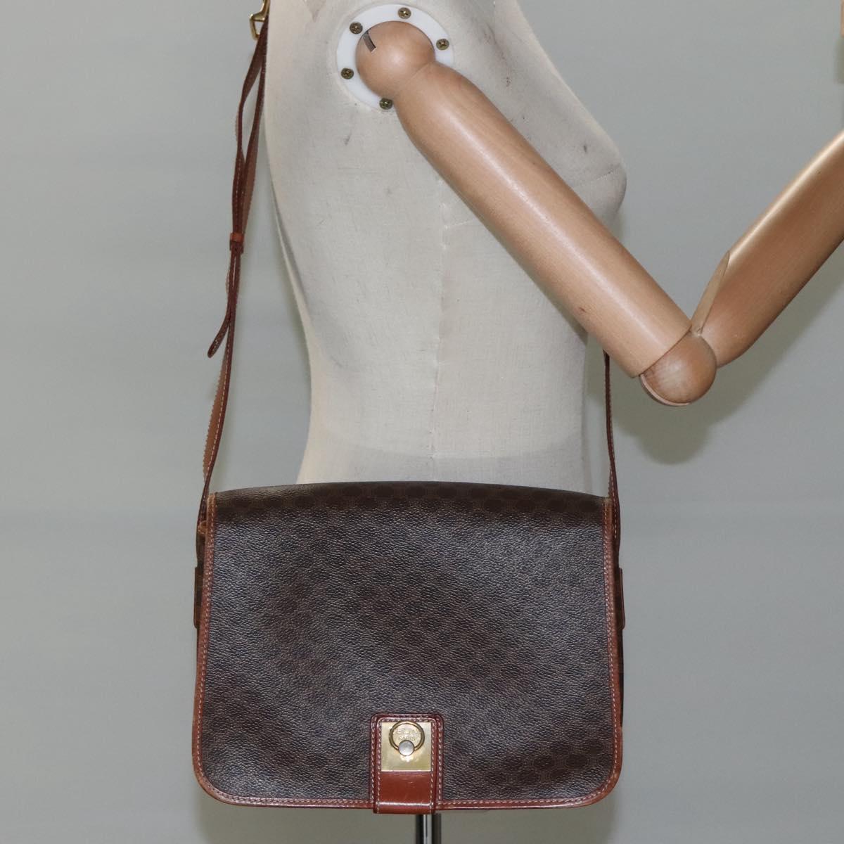 CELINE Macadam Canvas Shoulder Bag PVC Leather Brown Auth 110484