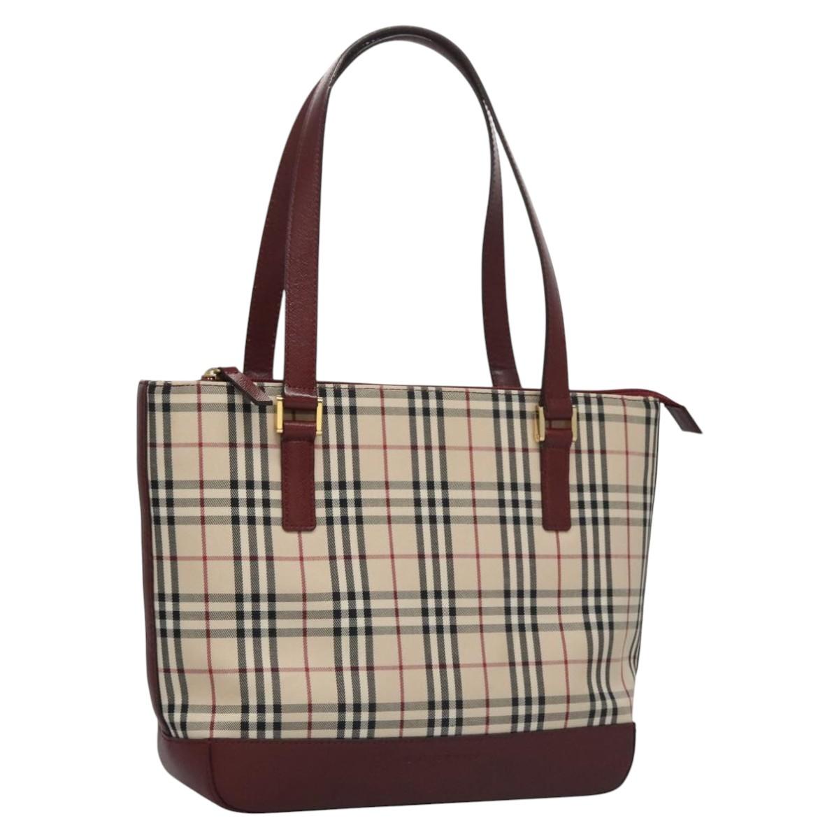 BURBERRY Nova Check Tote Bag Canvas Leather Beige Red gold Auth 110498