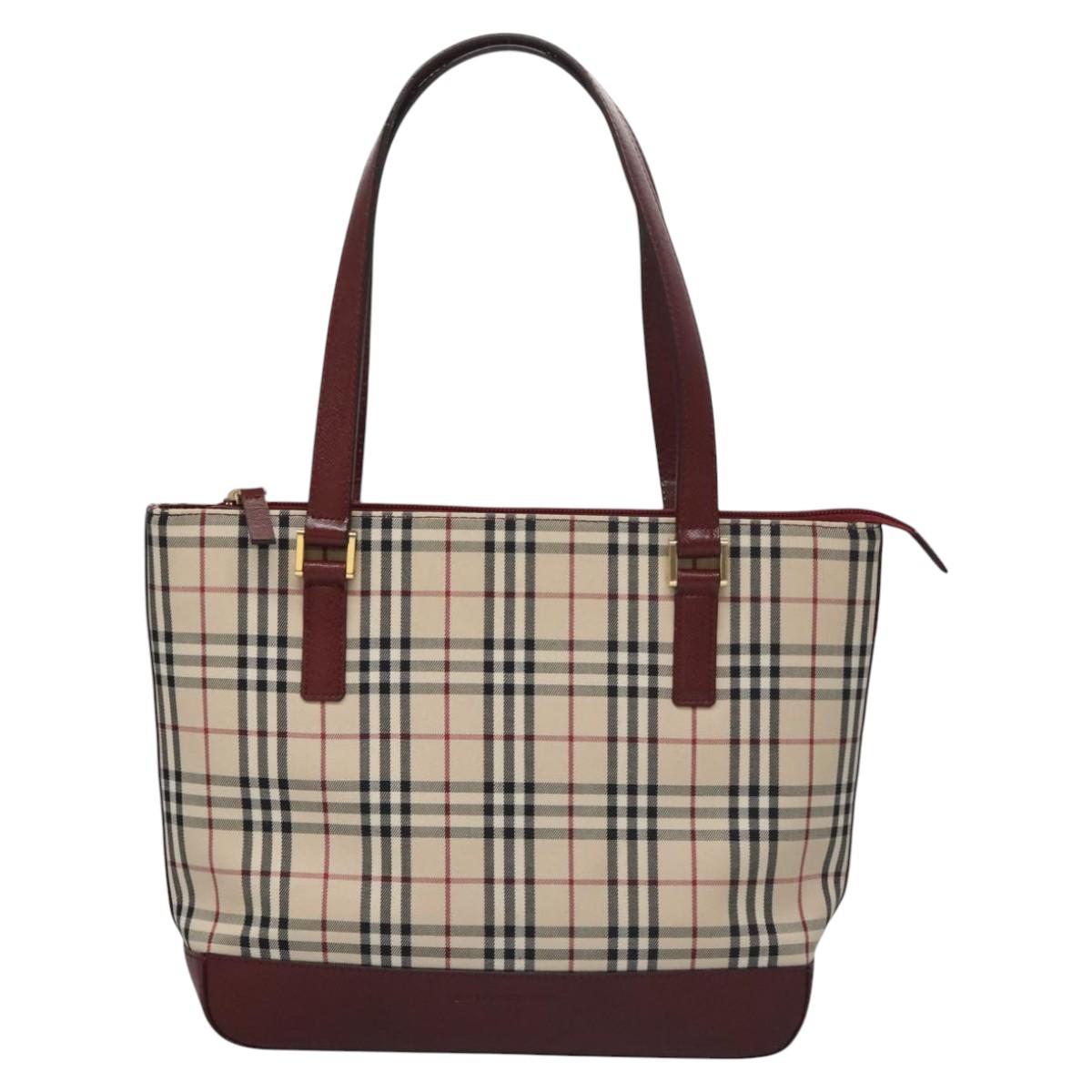 BURBERRY Nova Check Tote Bag Canvas Leather Beige Red gold Auth 110498