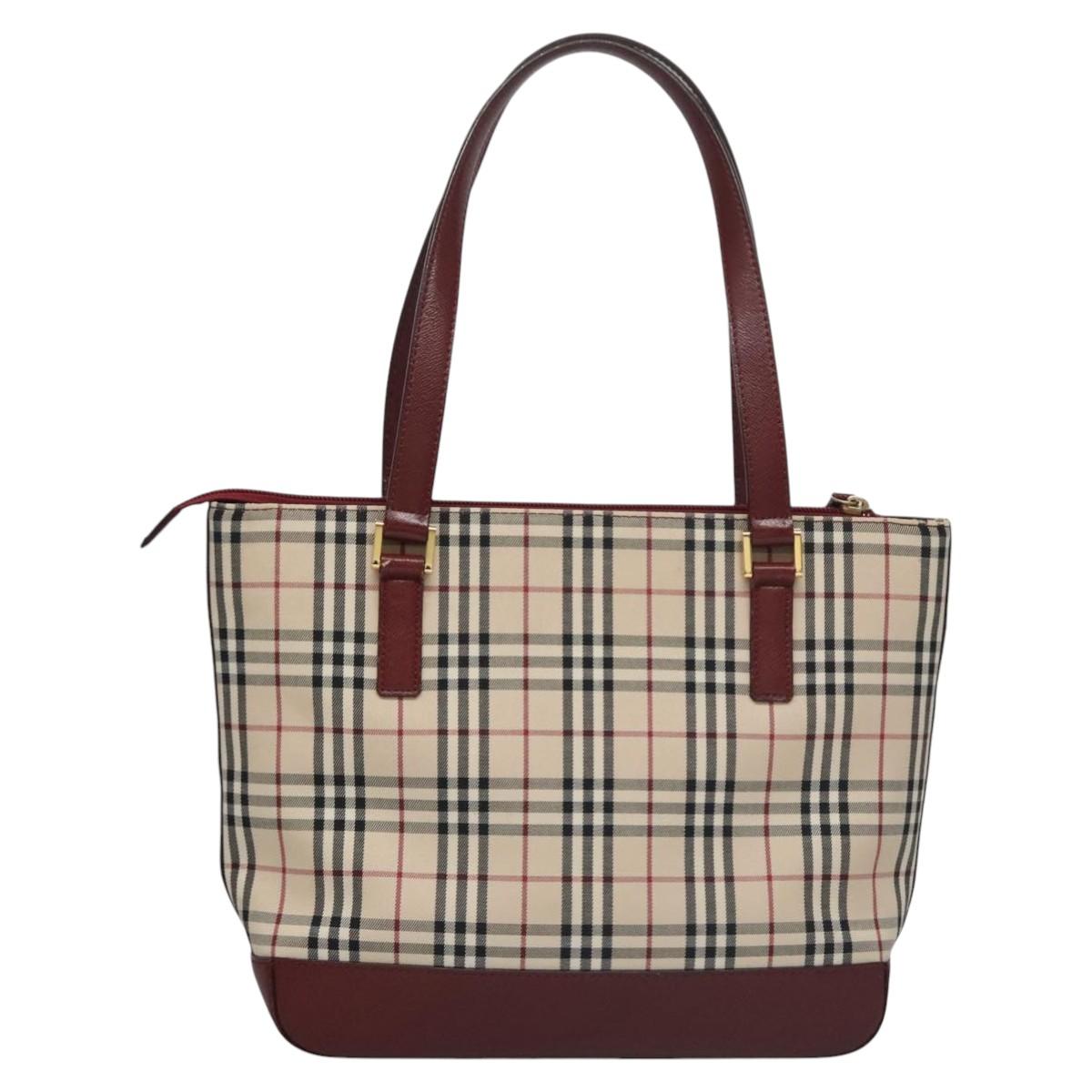 BURBERRY Nova Check Tote Bag Canvas Leather Beige Red gold Auth 110498