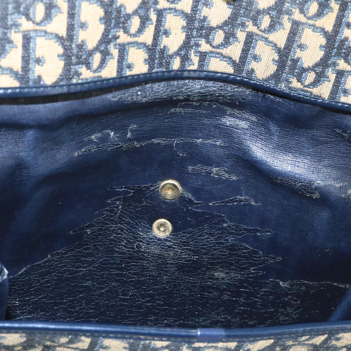 Christian Dior Trotter Canvas Shoulder Bag Navy Gold Auth 110662