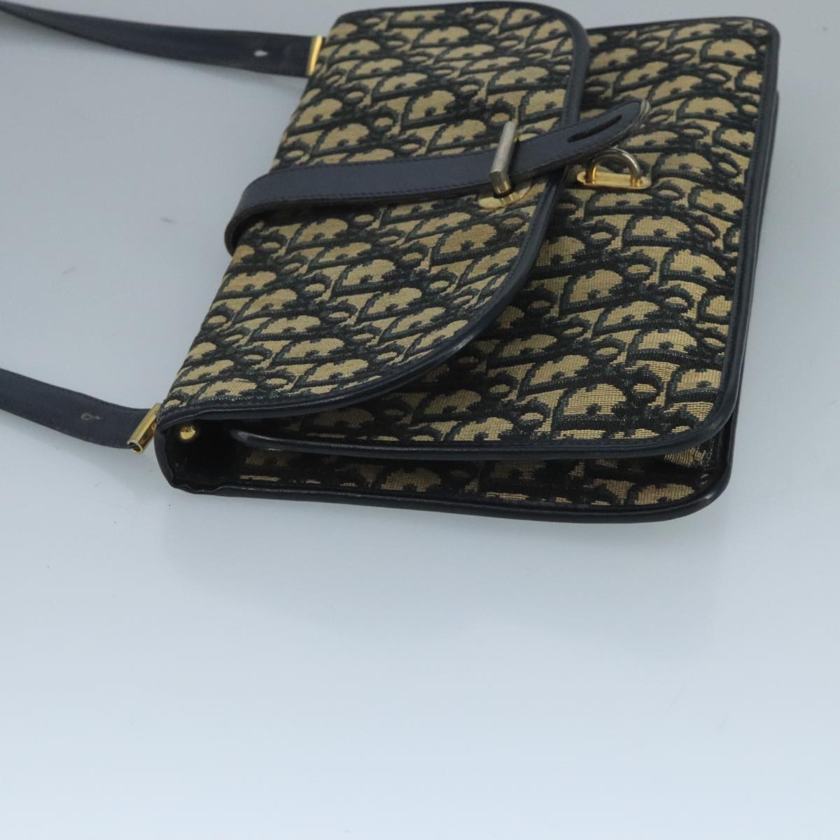 Christian Dior Trotter Canvas Shoulder Bag Navy Gold Auth 110662