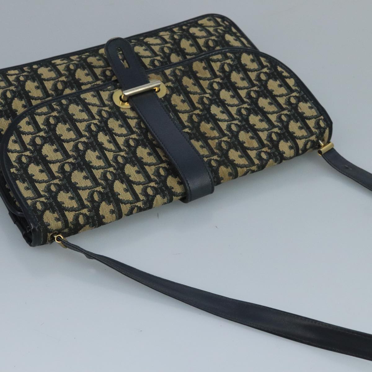 Christian Dior Trotter Canvas Shoulder Bag Navy Gold Auth 110662
