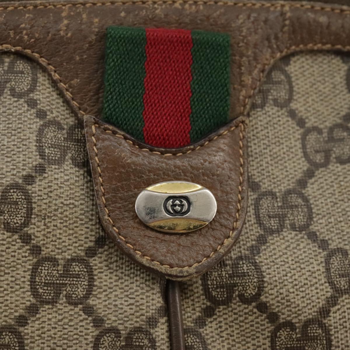 GUCCI GG Supreme Web Sherry Line Shoulder Bag PVC Beige Gold Auth 110668