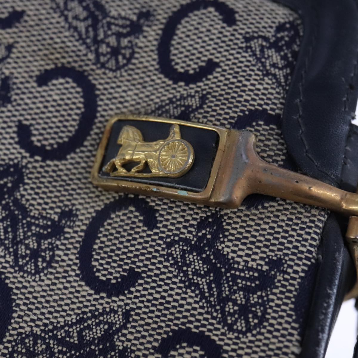 CELINE C Sulky Shoulder Bag Canvas Leather Navy Gold Auth 110681