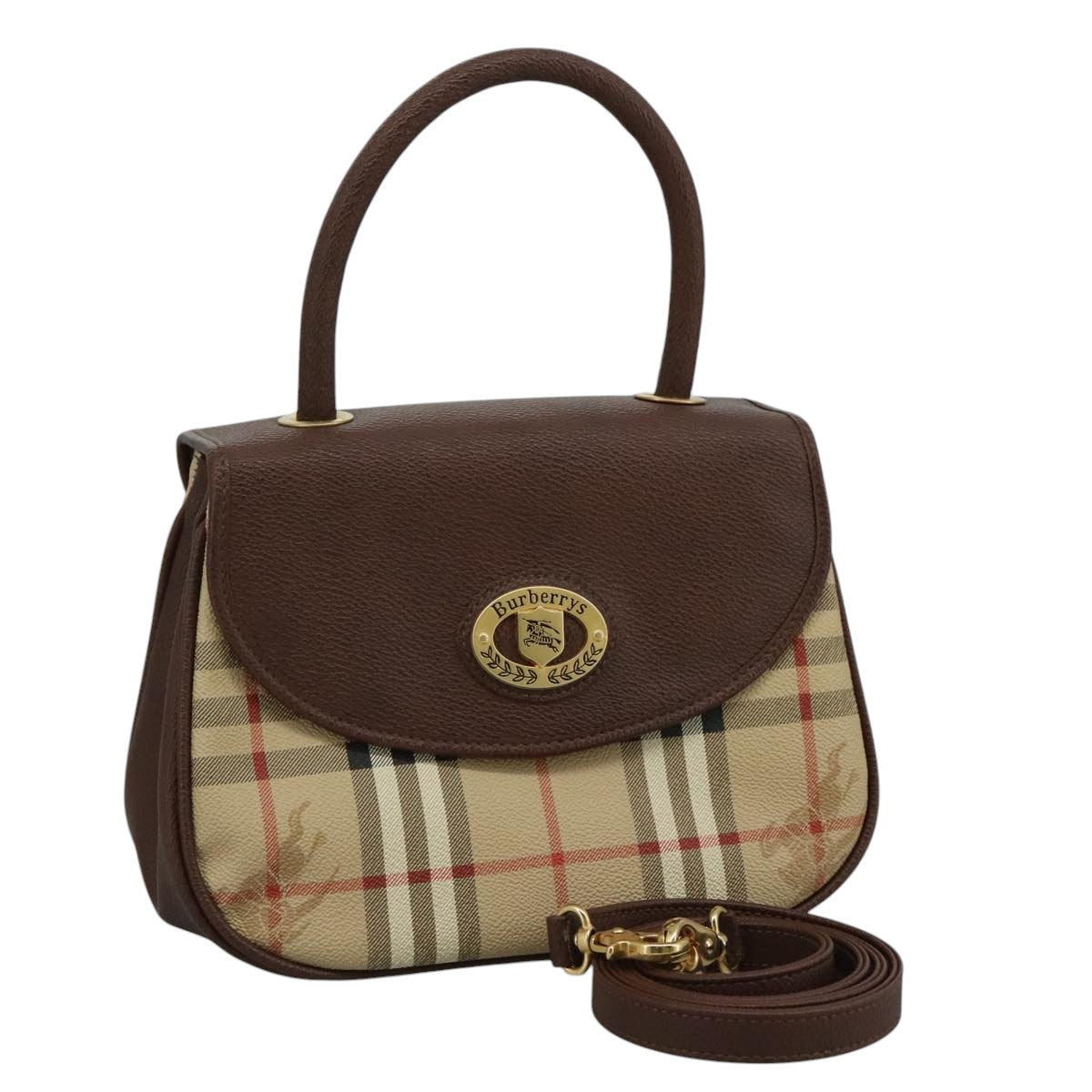 Burberrys Nova Check Hand Bag PVC 2way Beige Brown gold Auth 110683