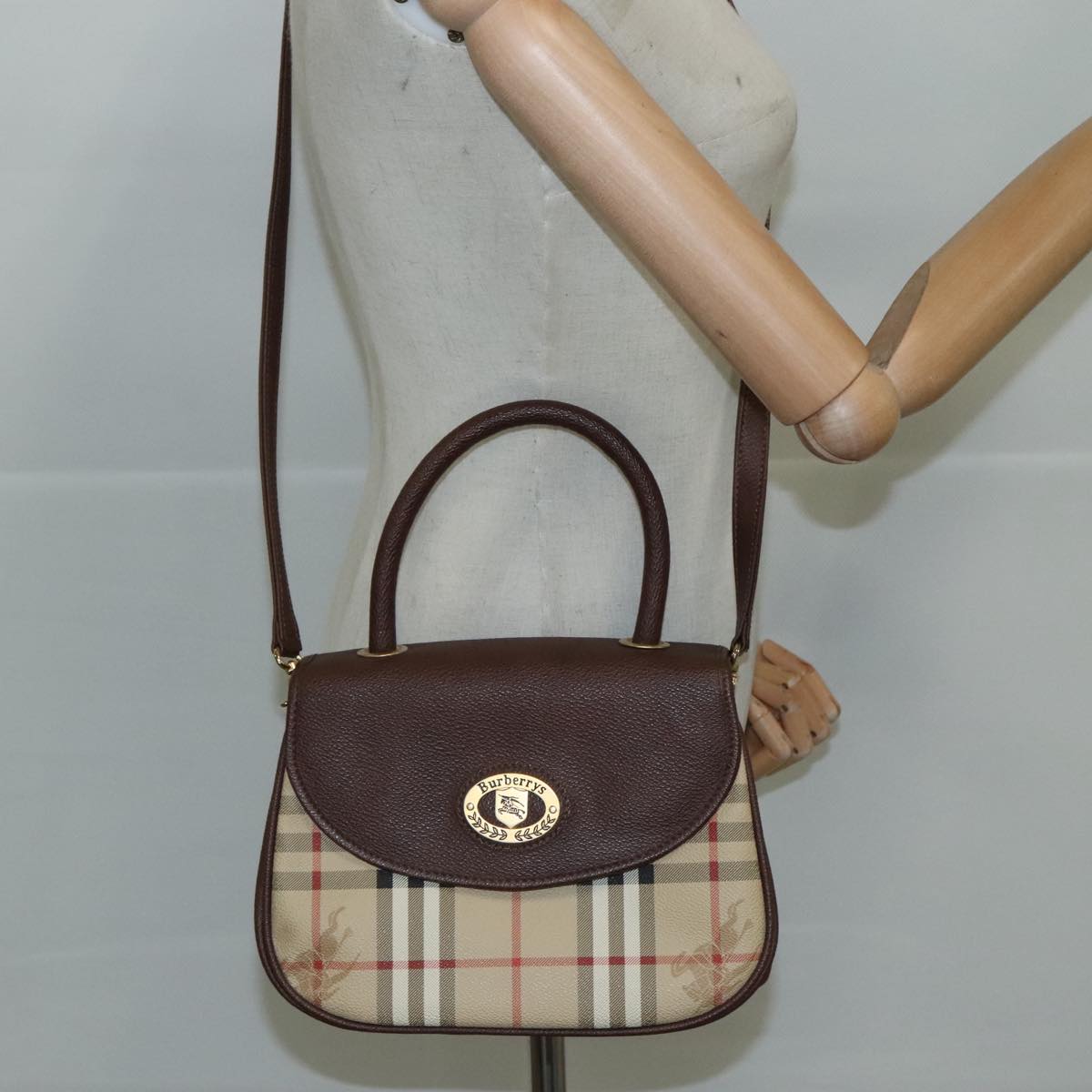 Burberrys Nova Check Hand Bag PVC 2way Beige Brown gold Auth 110683