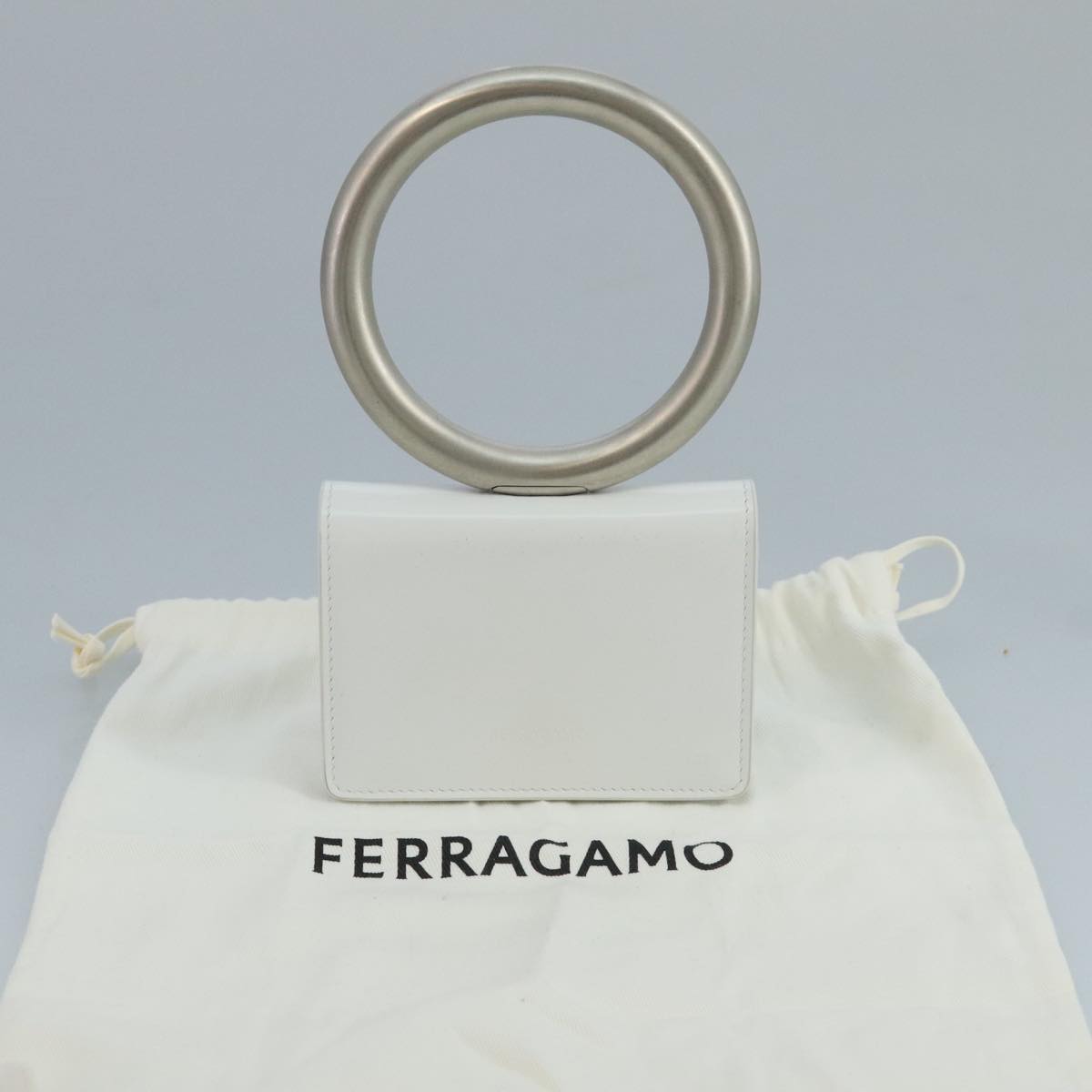 Salvatore Ferragamo hand Pouch Leather White Silver Auth 110793V