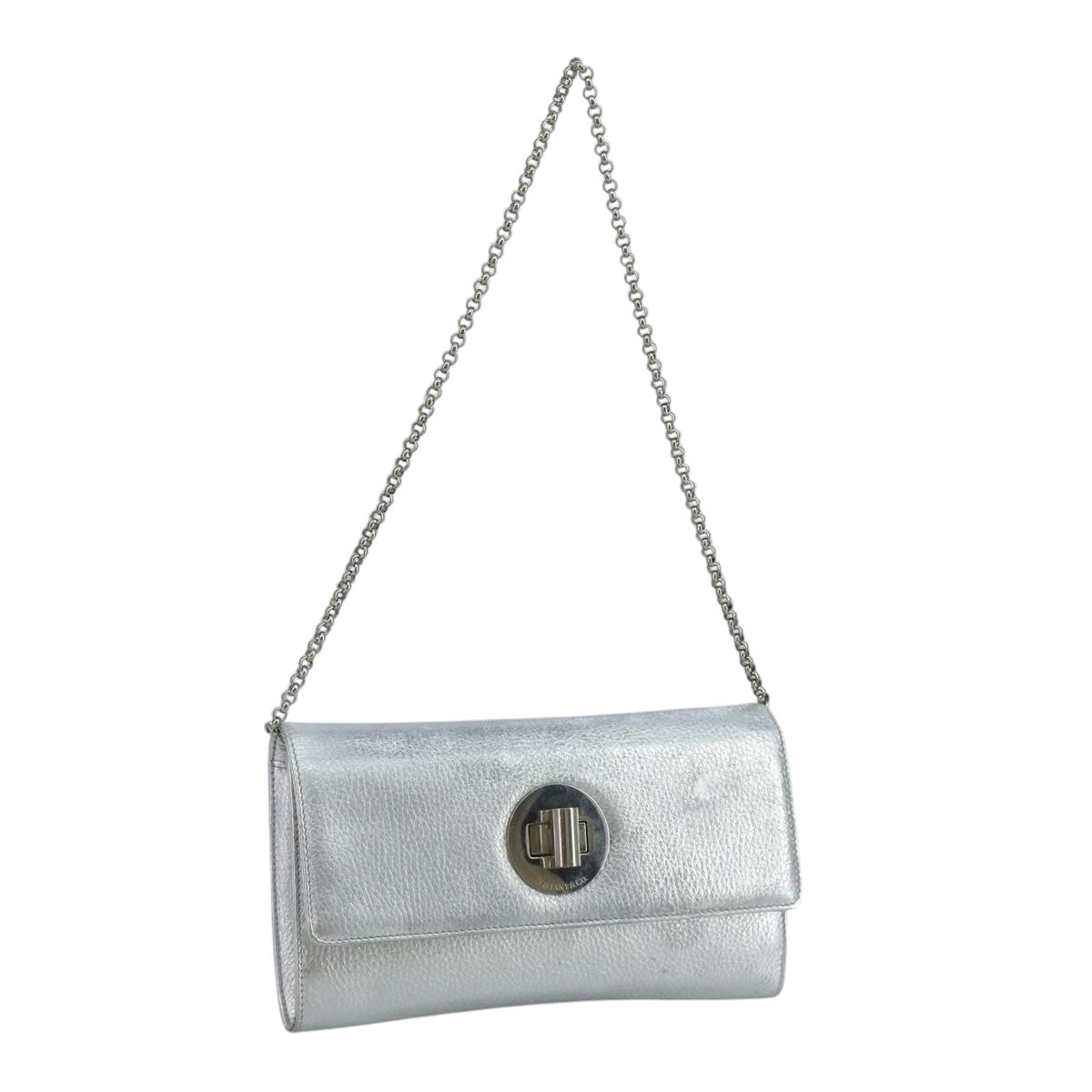 TIFFANY&Co. Chain Shoulder Bag Leather Silver Auth 110794