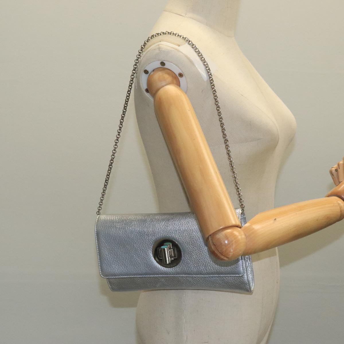 TIFFANY&Co. Chain Shoulder Bag Leather Silver Auth 110794