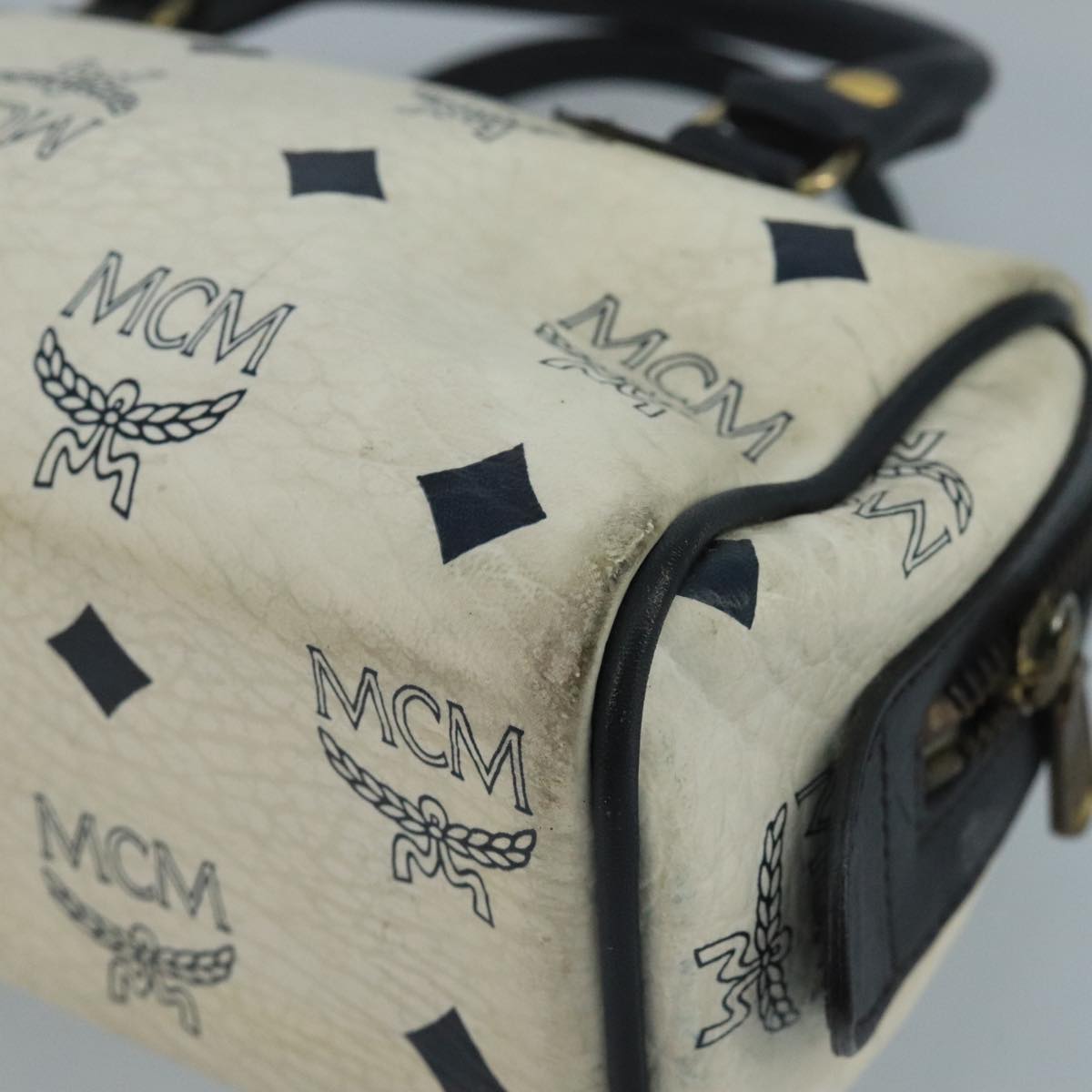 MCM Vicetos Logogram Hand Bag PVC Leather 2way White Navy gold Auth 110795