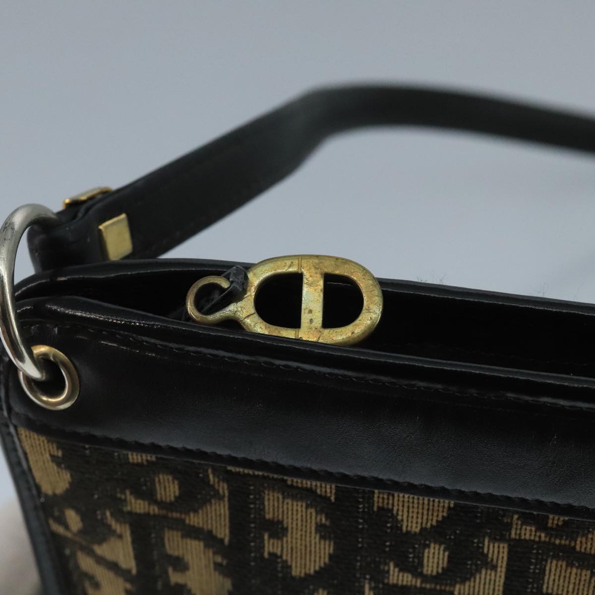 Christian Dior Trotter Canvas Shoulder Bag Navy Gold Auth 110806