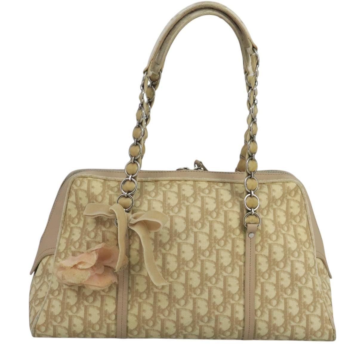Christian Dior Trotter Canvas Trotter Rromantic Bag PVC Beige Silver Auth 110812