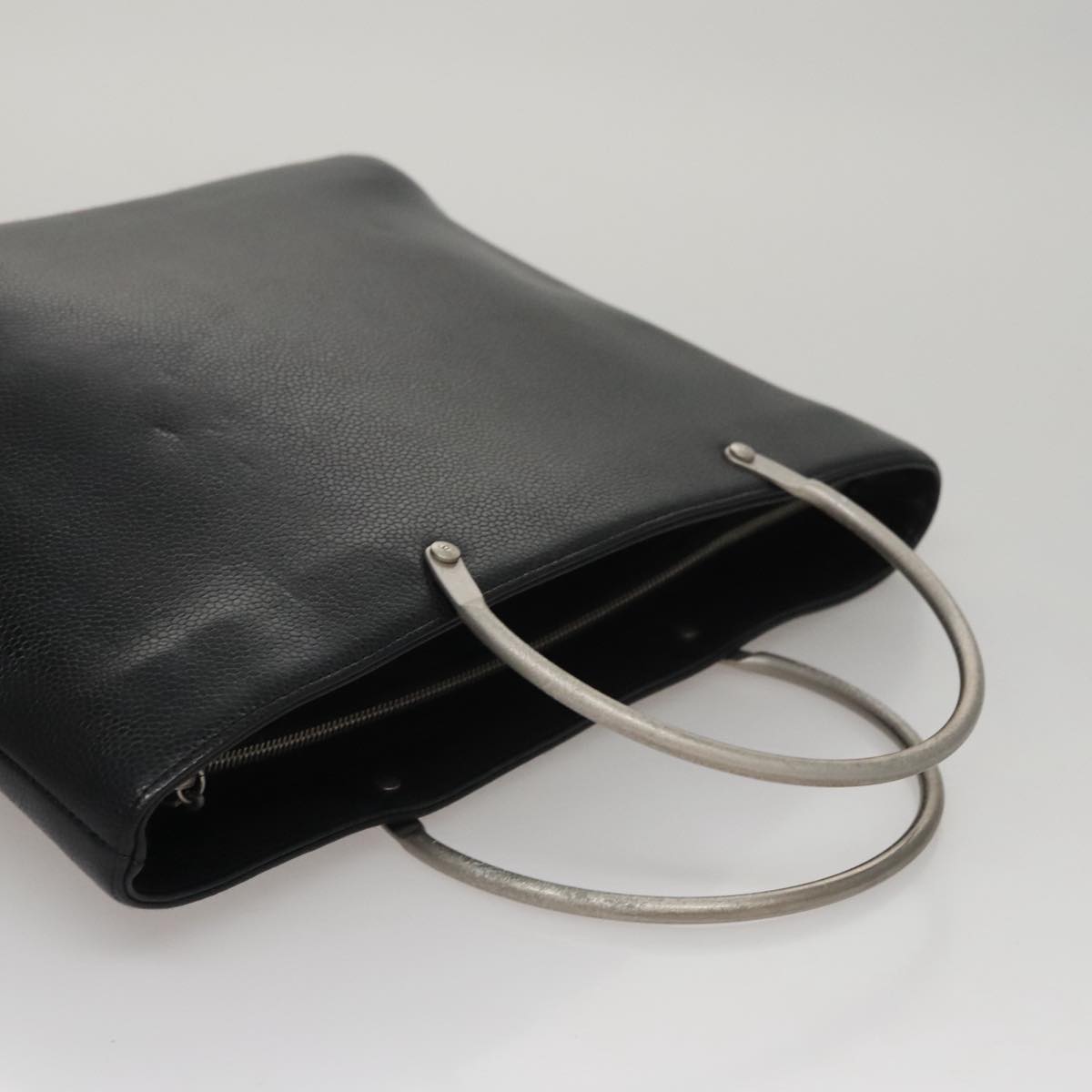 CHANEL Hand Bag Caviar Skin Black Silver CC Auth 110813