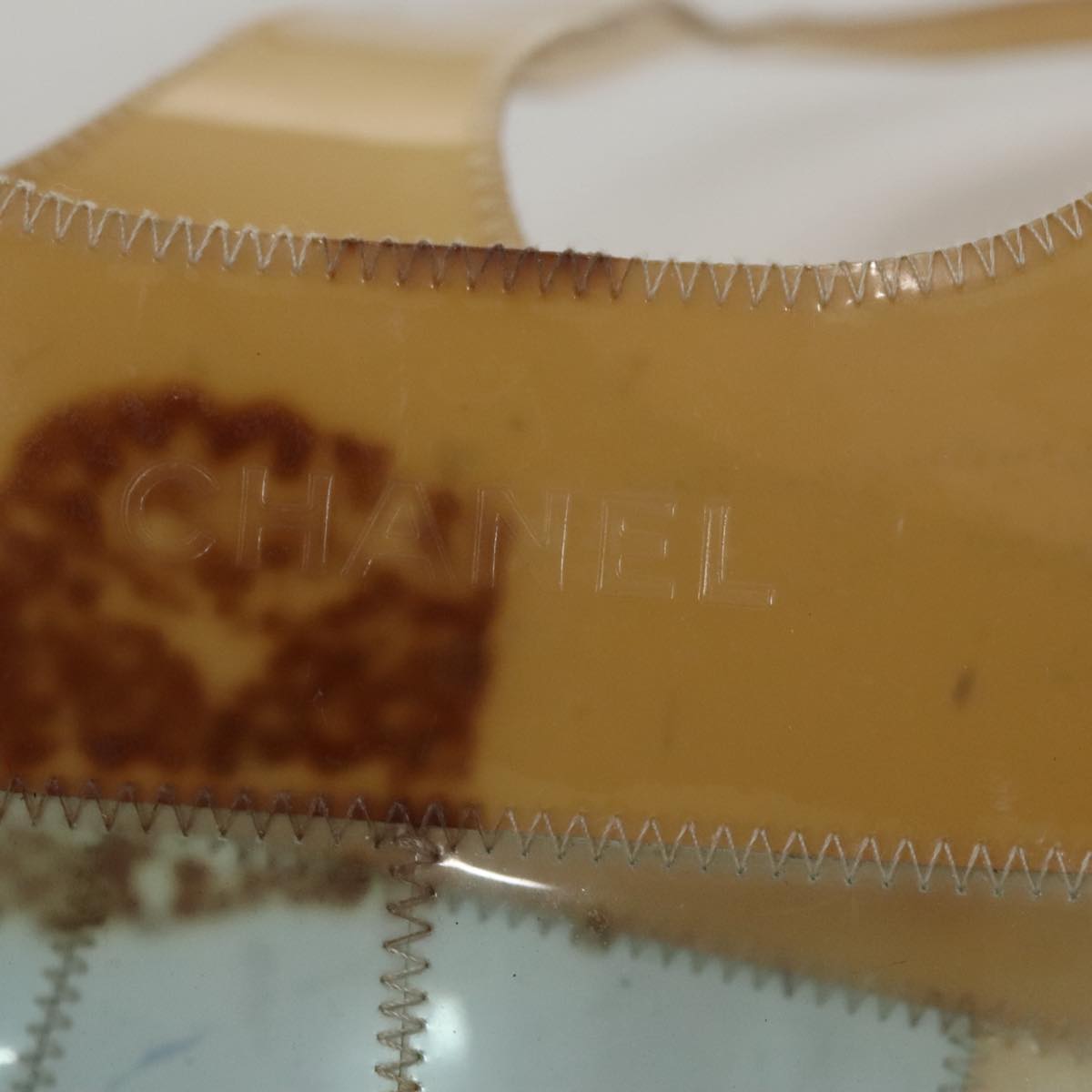 CHANEL Choco Bar Shoulder Bag Vinyl Beige Blue CC Auth 110818