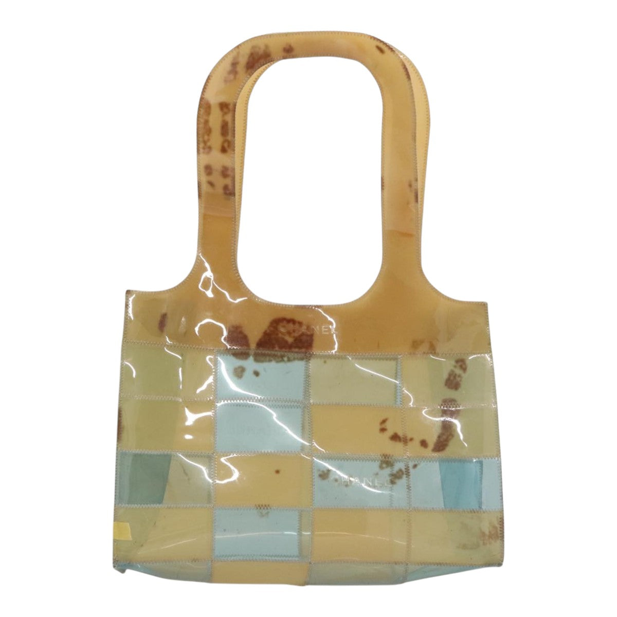 CHANEL Choco Bar Shoulder Bag Vinyl Beige Blue CC Auth 110818