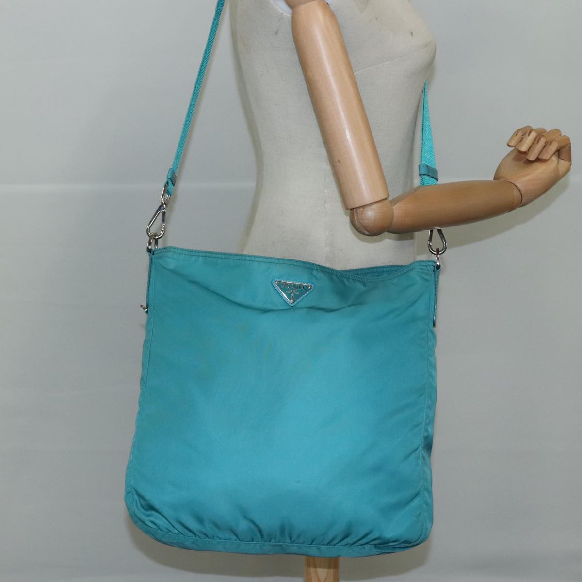 PRADA Shoulder Bag Nylon Turquoise Blue Silver Auth 110840