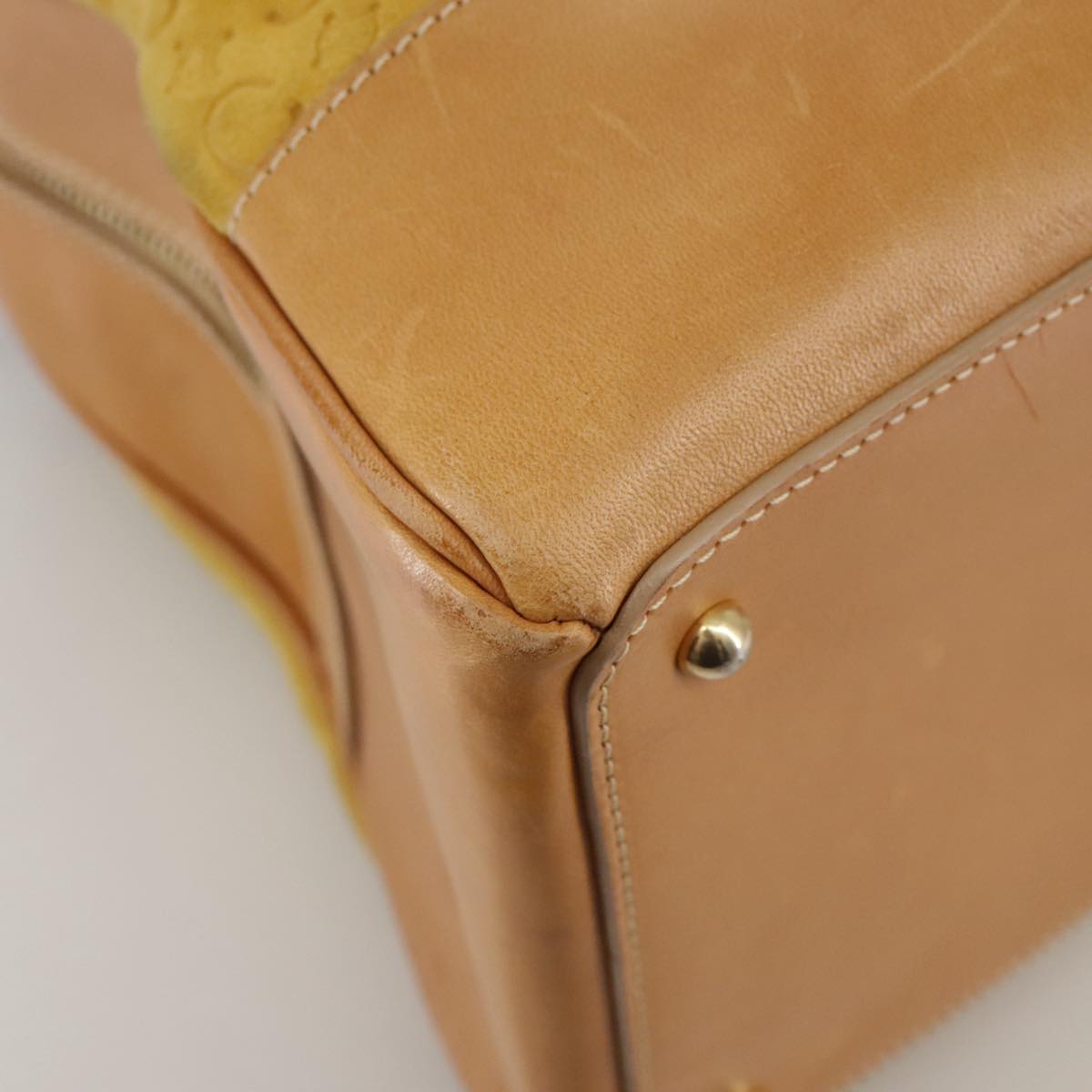 CELINE C Macadam Canvas Hand Bag Suede Leather Yellow Gold Auth 111108