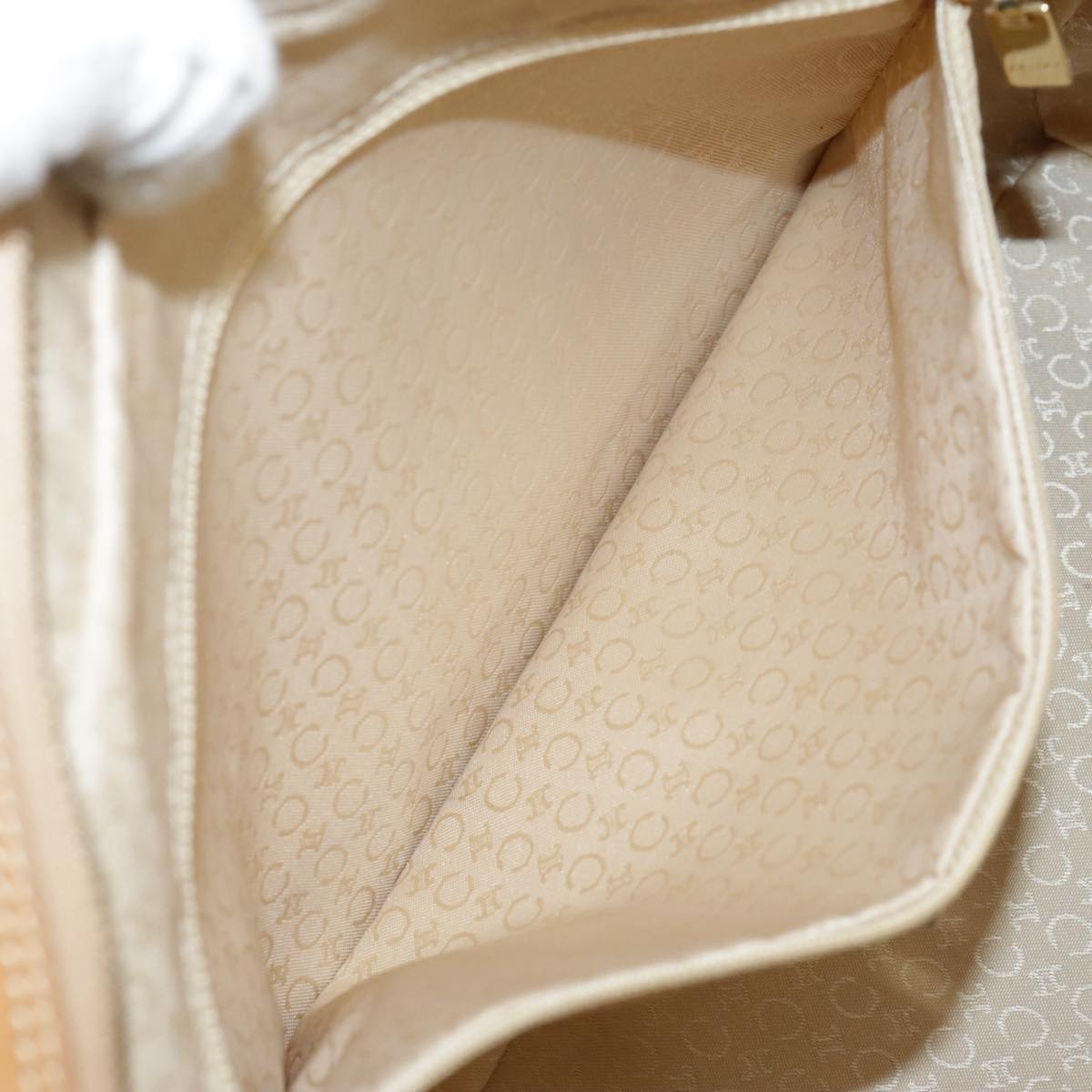 CELINE C Macadam Canvas Hand Bag Suede Leather Yellow Gold Auth 111108