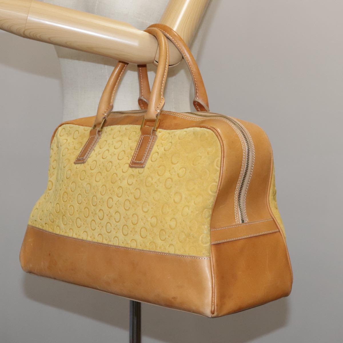 CELINE C Macadam Canvas Hand Bag Suede Leather Yellow Gold Auth 111108
