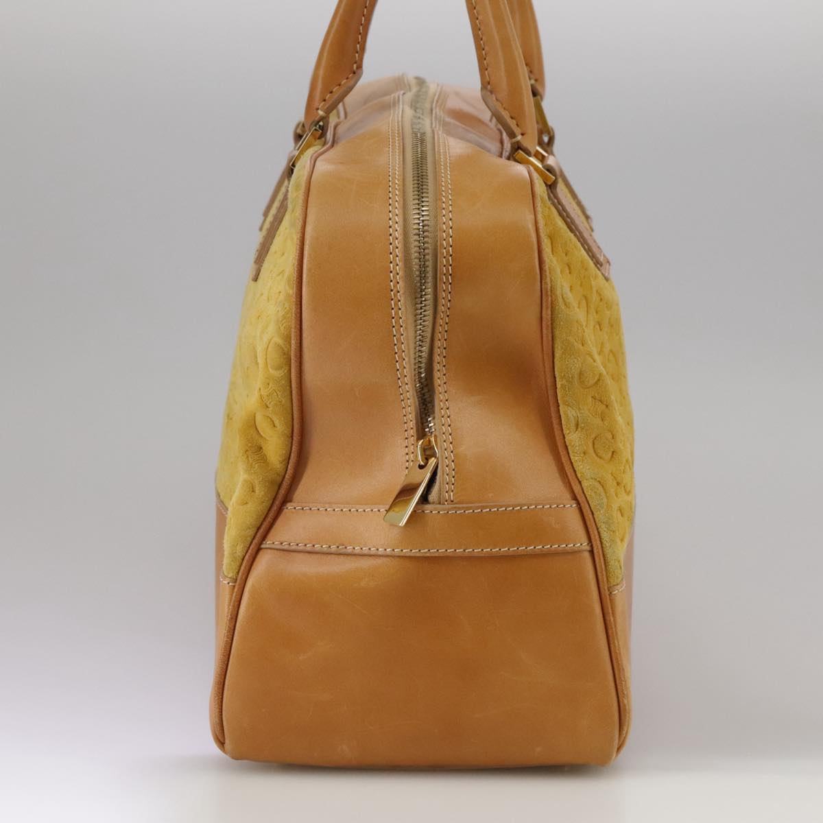 CELINE C Macadam Canvas Hand Bag Suede Leather Yellow Gold Auth 111108