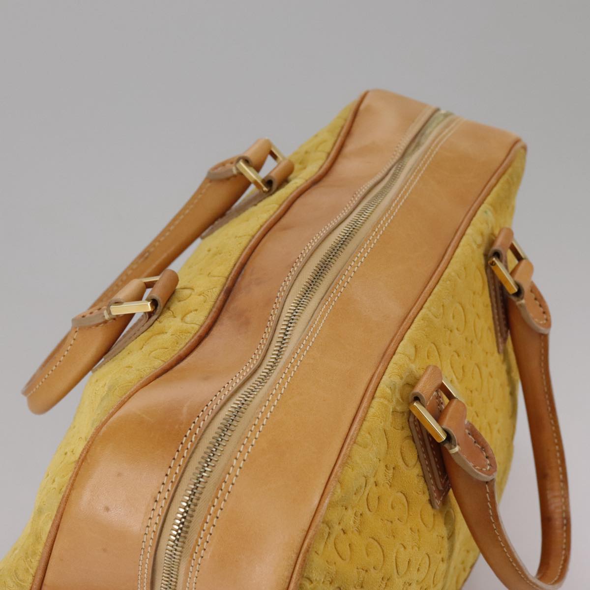 CELINE C Macadam Canvas Hand Bag Suede Leather Yellow Gold Auth 111108