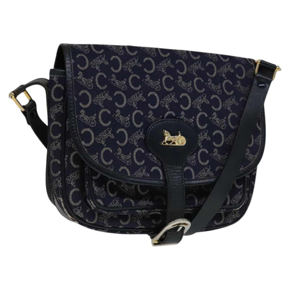 CELINE C Sulky Shoulder Bag Canvas Navy Gold Auth 111109